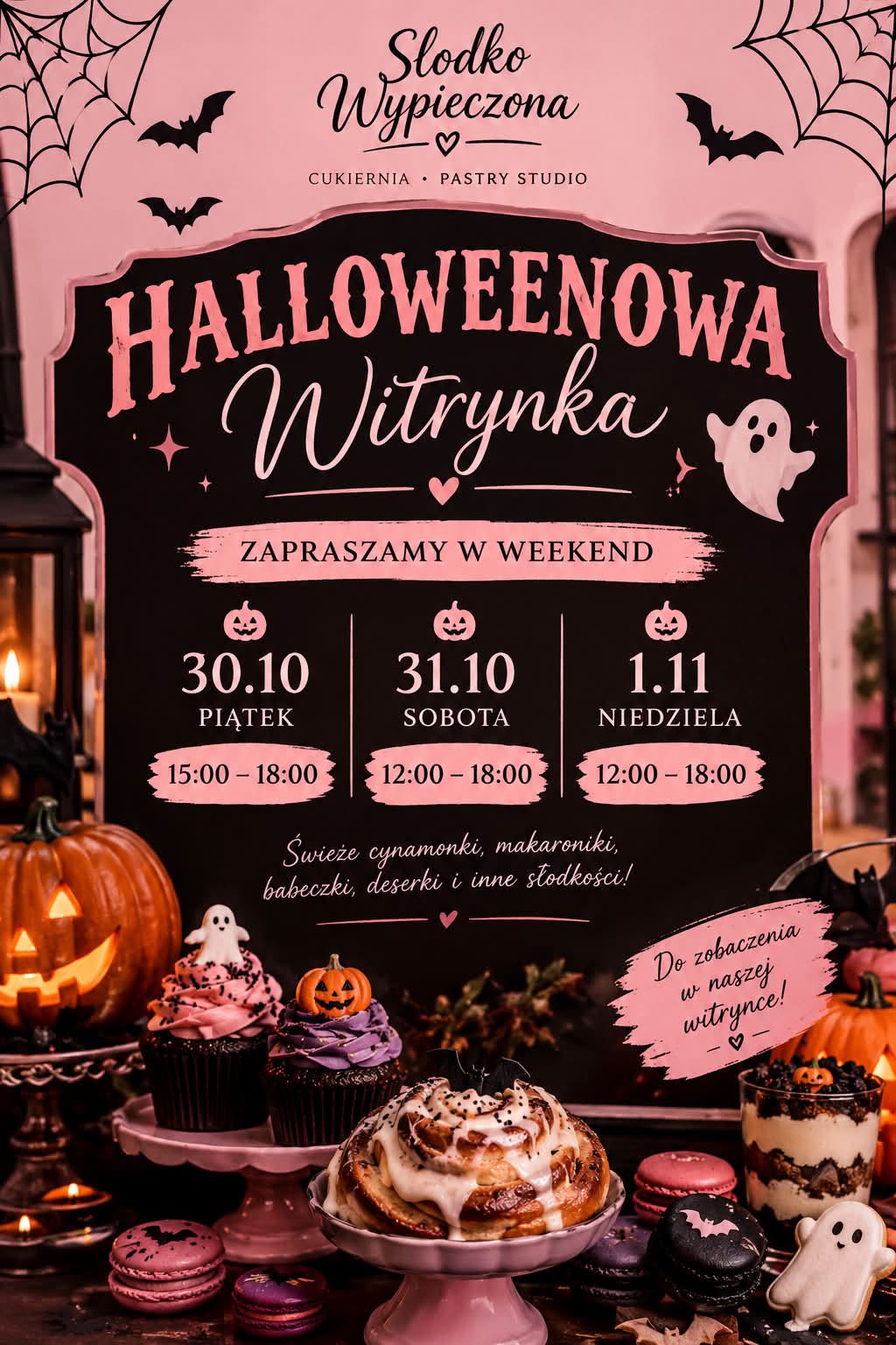Zaproszenie na Halloweenową Witrynkę - Słodkowypieczona, 30.10 piątek 15-18, 31.10 sobota 12-18, 1.11 niedziela 12-18